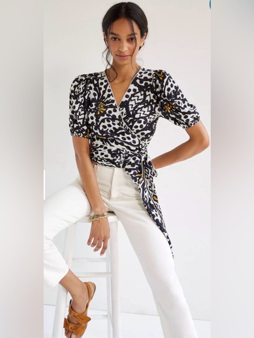 FARM RIO for Anthropologie Wrap Front Puff Sleeve Top in Black & White size S